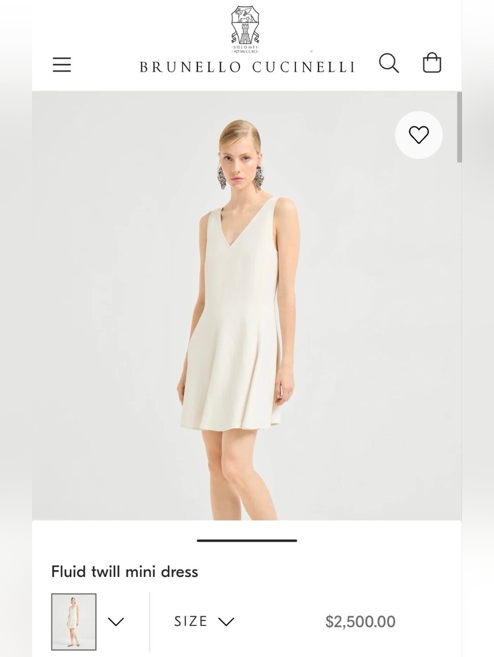 Bruno Cucinelli Fluid Twill Mini Dress In Ivory, Size L